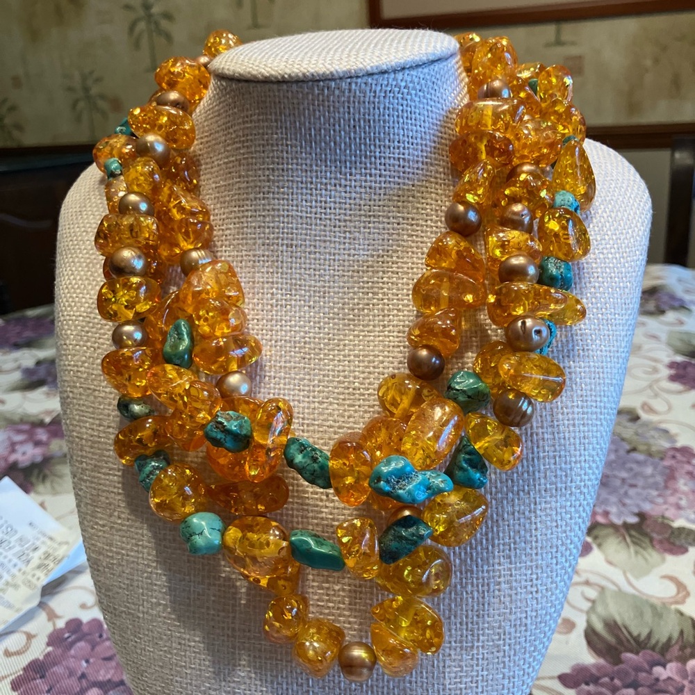 Amber and Turquoise Beaded Necklace 925 Sterling Silver w/ real pearls